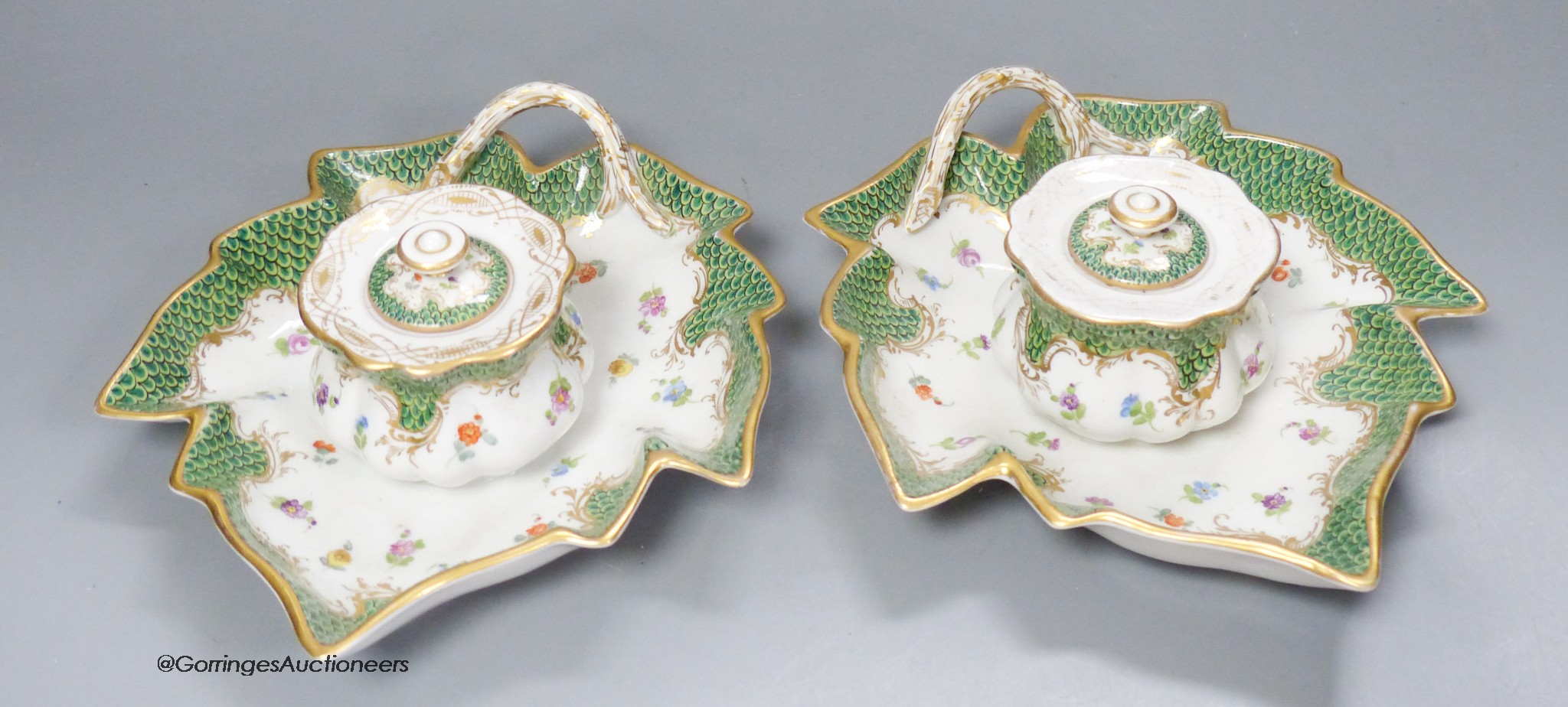 A pair of Dresden porcelain inkwells, length 19cm